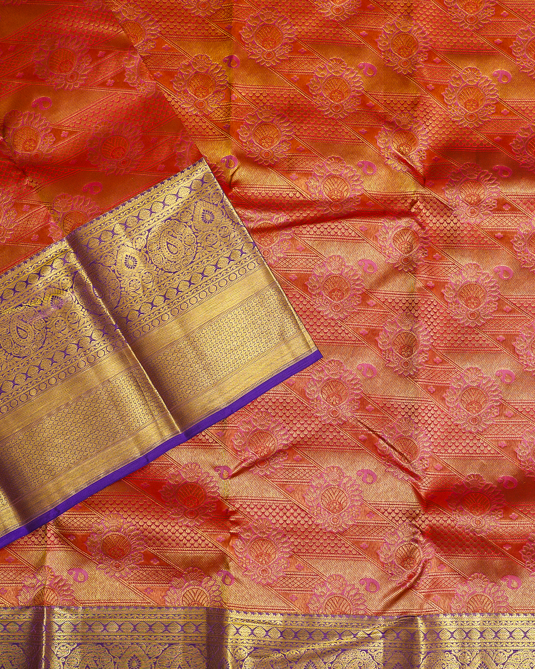 Grand Jacquard Wedding Saree in Orange with Violet Border