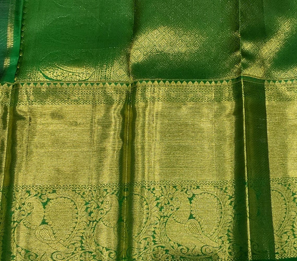 Dark Brown Kanchipuram Silk Saree with Contrast Green Border