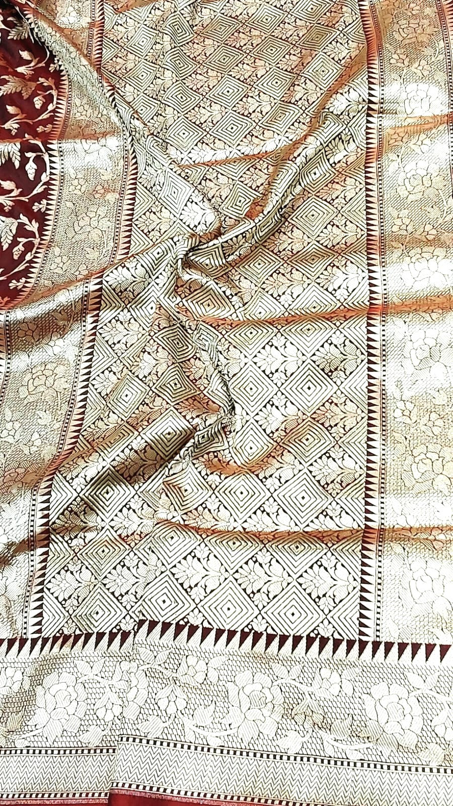 Maroon Banarasi Saree with Silver Zari Kodi Malar Designs