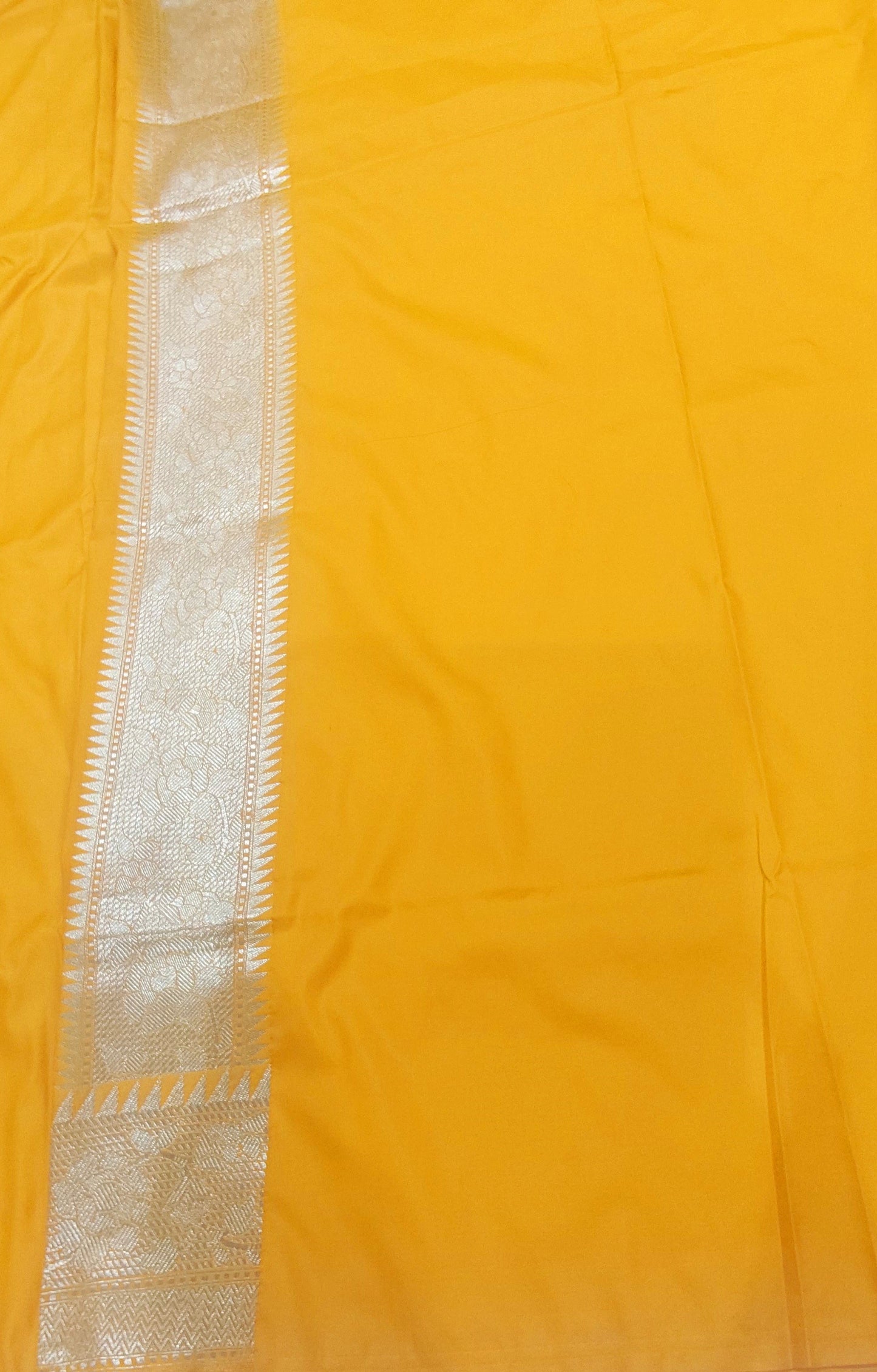 Yellow Banarasi Saree with Silver Zari Kodi Malar Designs
