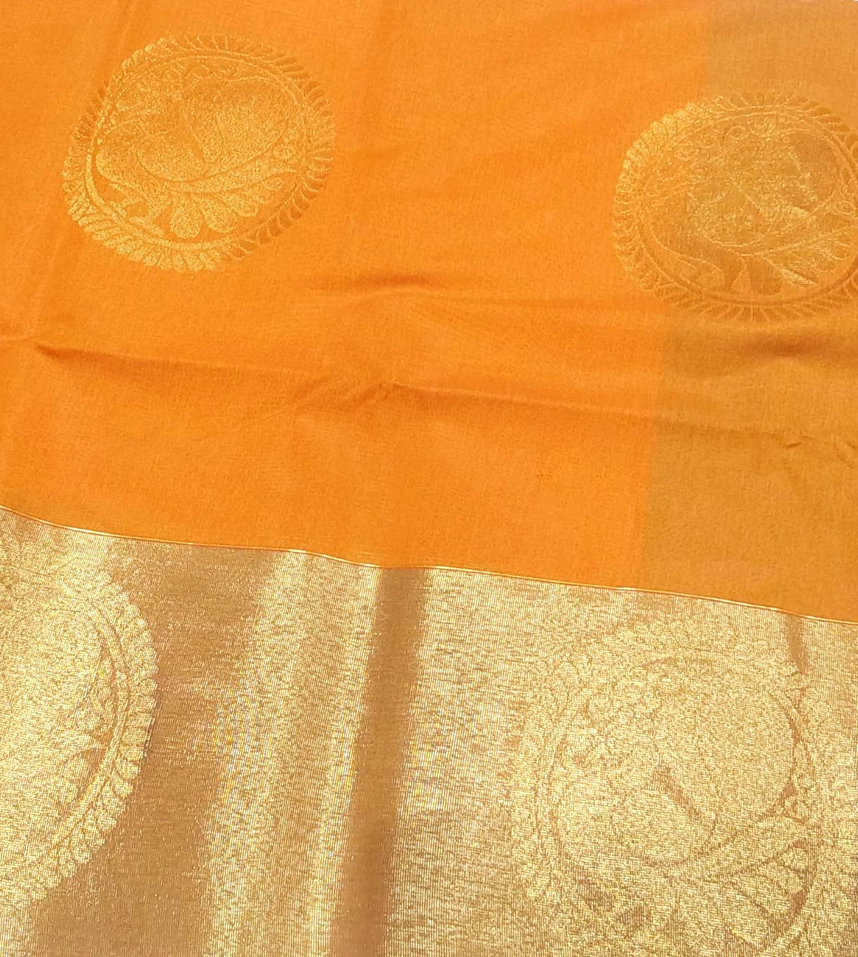 Kanchipuram Silk Cotton Saree in Mustard Yellow color with Green color border