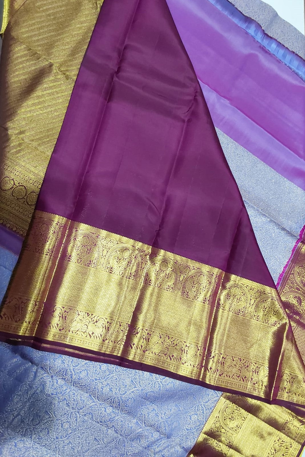 Purple Blue with Wine Border Jacquard Wedding Saree with Zari Design