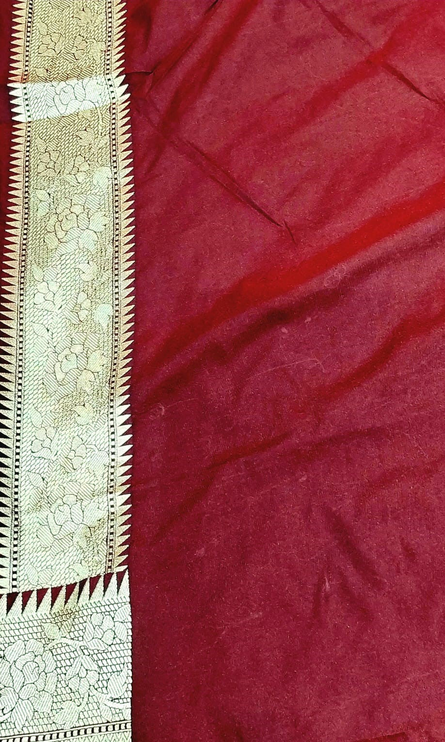 Maroon Banarasi Saree with Silver Zari Kodi Malar Designs
