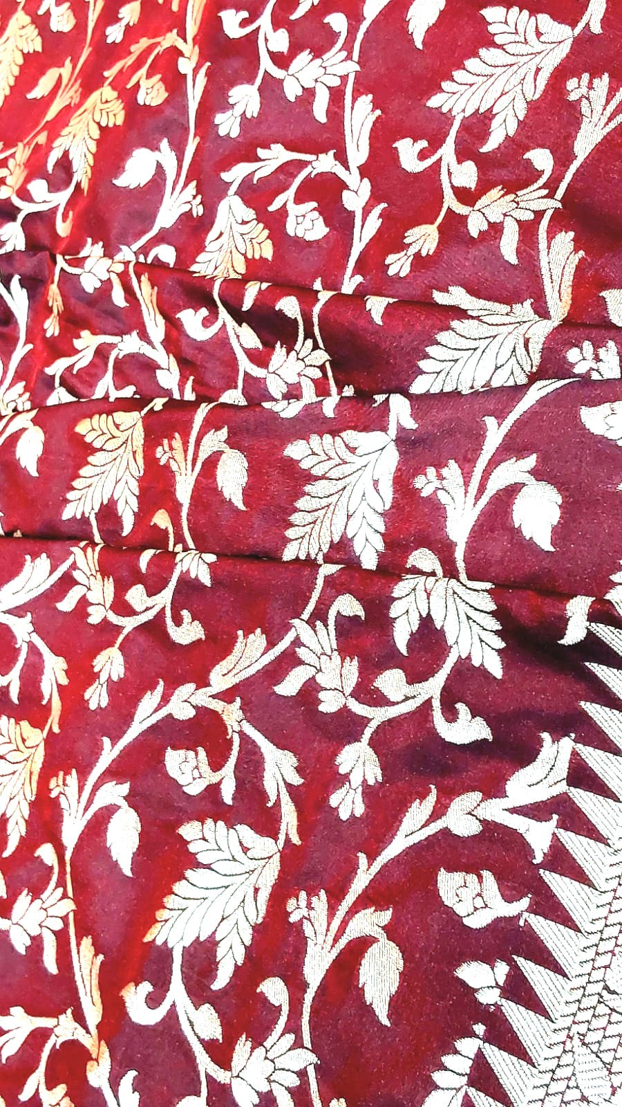 Maroon Banarasi Saree with Silver Zari Kodi Malar Designs