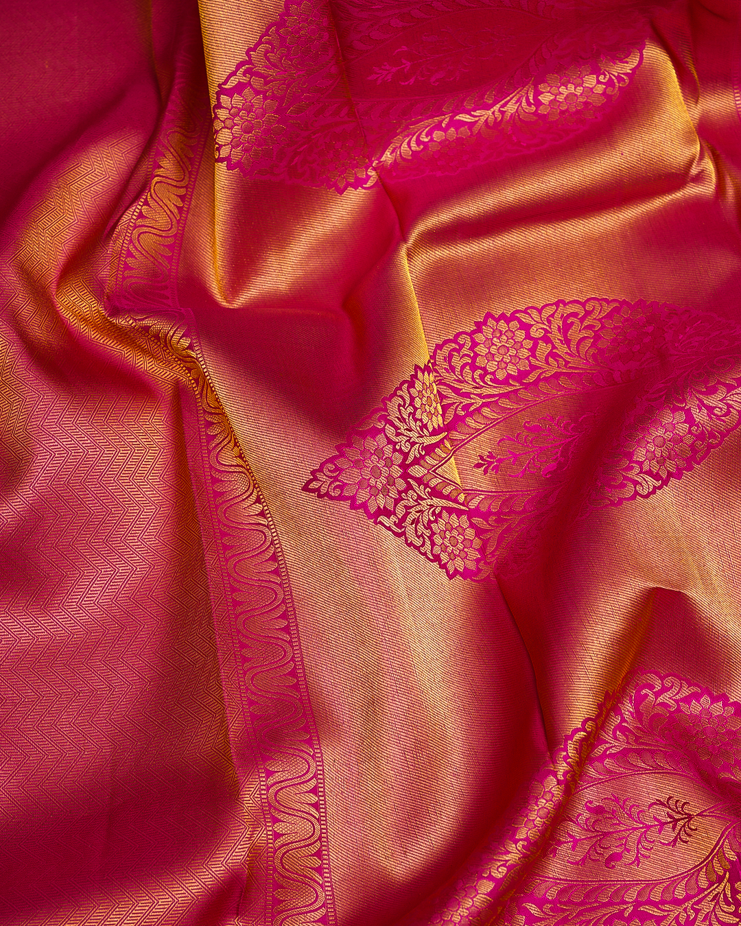 Rani Pink Jacquard Wedding Saree with Self-Design and Zari Head Portion