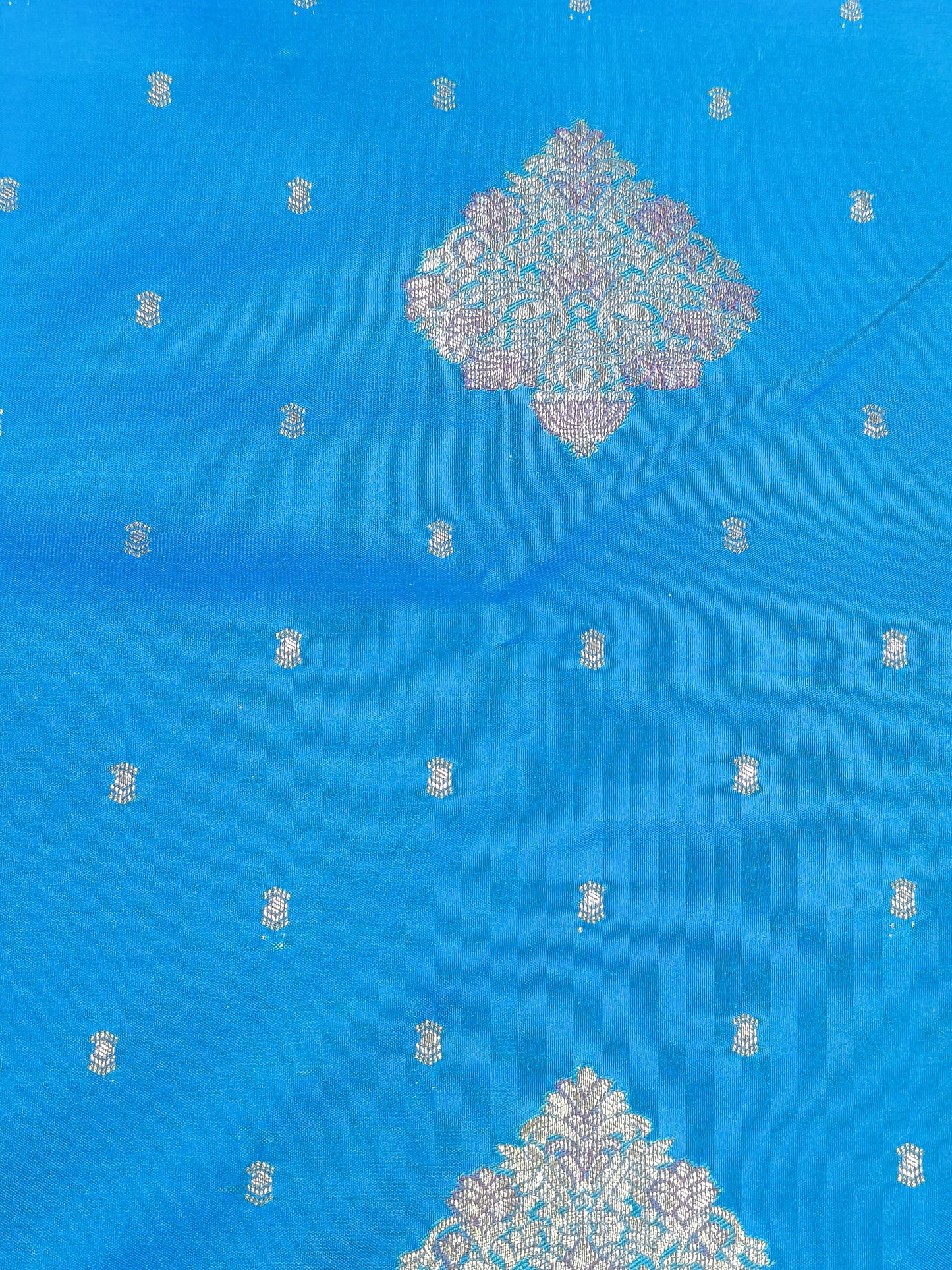 Soft Silk Saree – Blue with Violet Contrast Border & Floral Butta Design