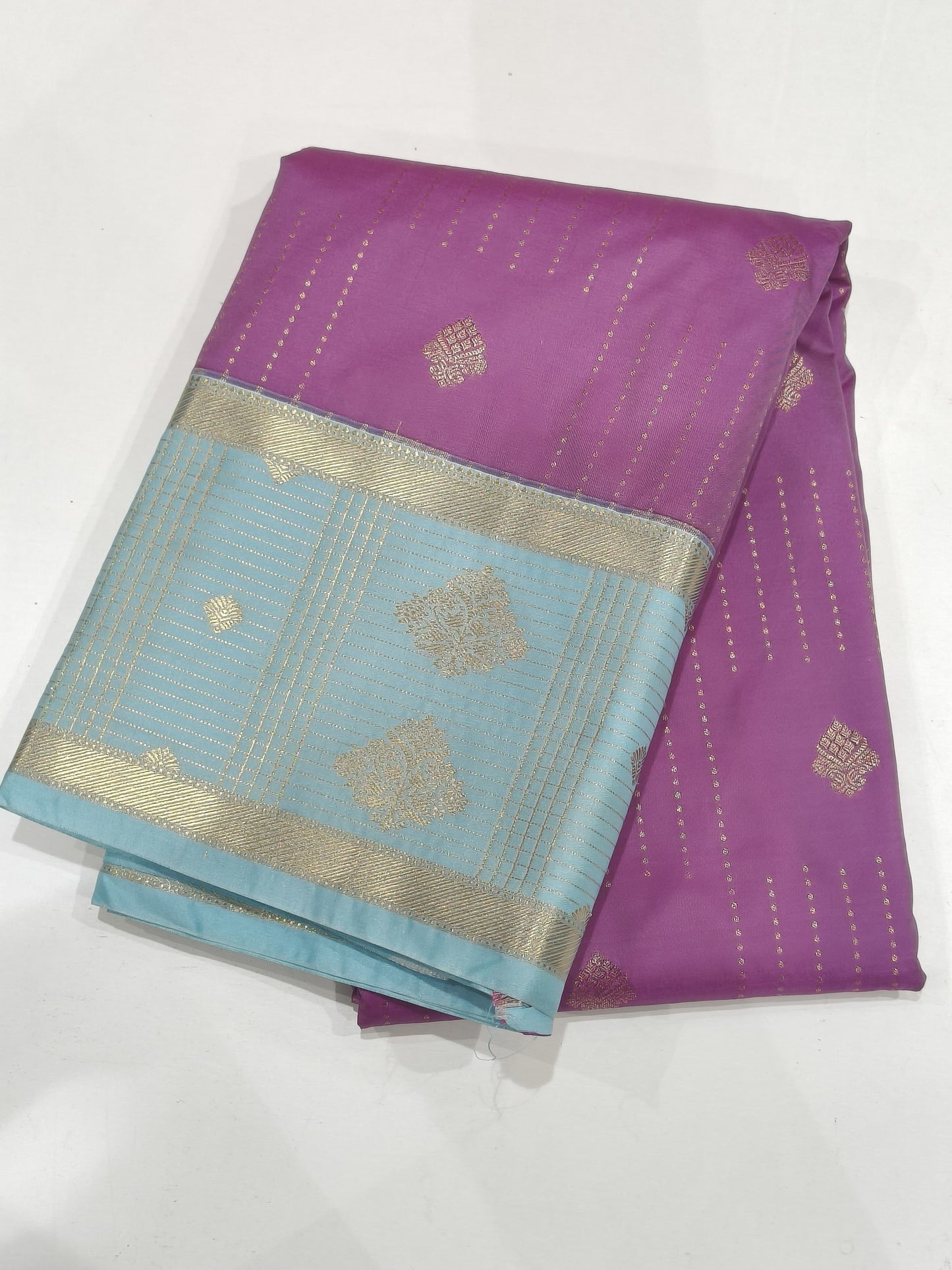 Soft Silk Saree – Purple with Sky Blue Contrast Border & Butta Design