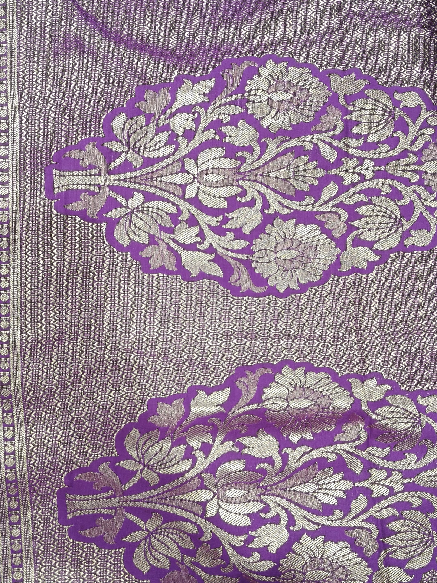 Soft Silk Saree – Blue with Violet Contrast Border & Floral Butta Design