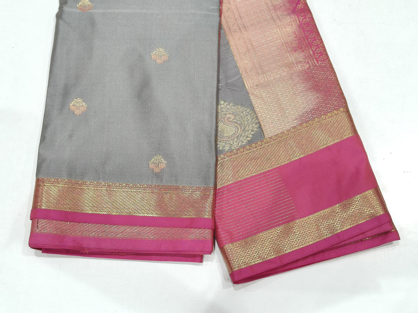 Soft Silk Saree – Grey with Contrast Pink Border & Floral Butta Design