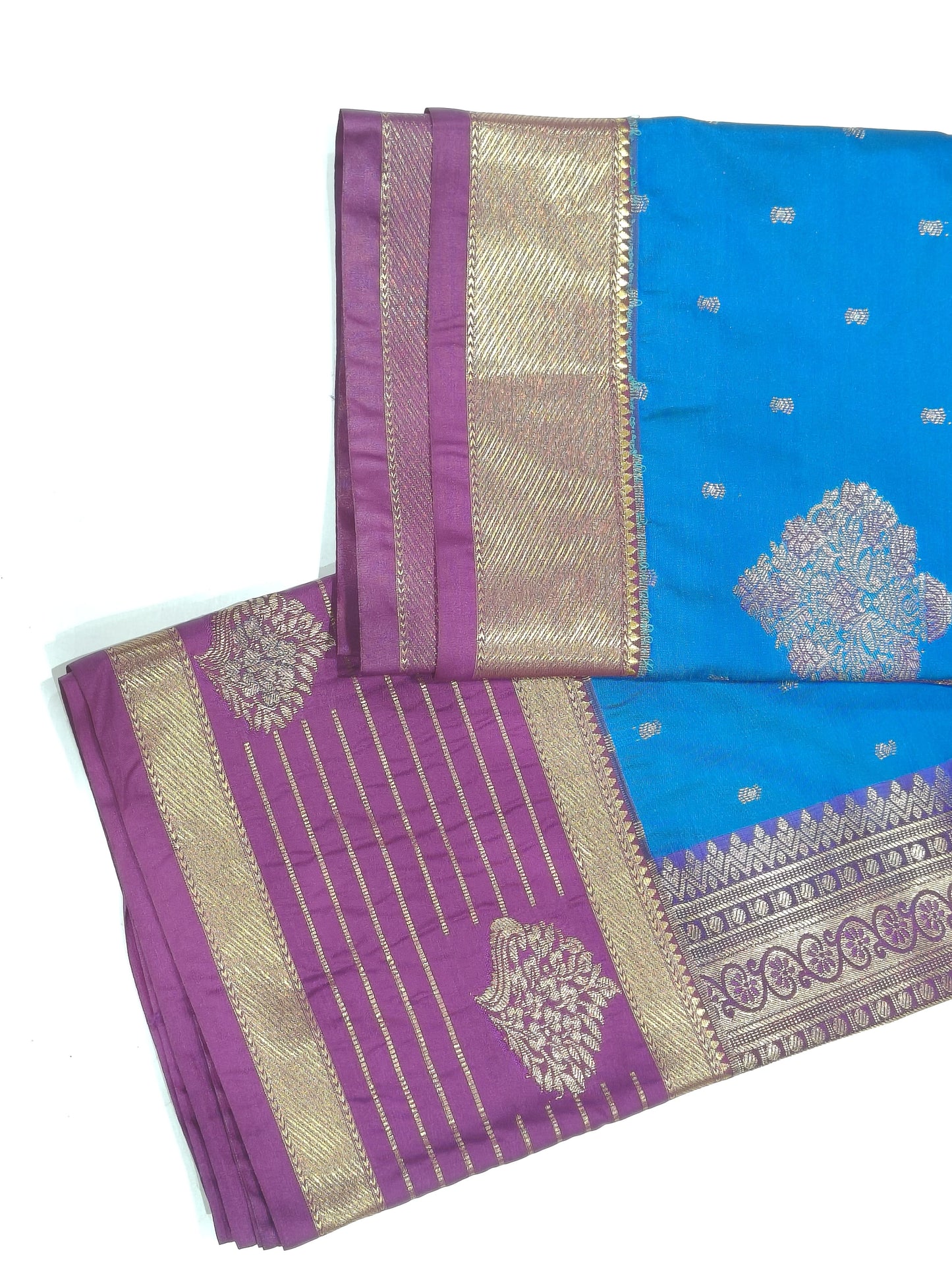 Soft Silk Saree – Blue with Violet Contrast Border & Floral Butta Design