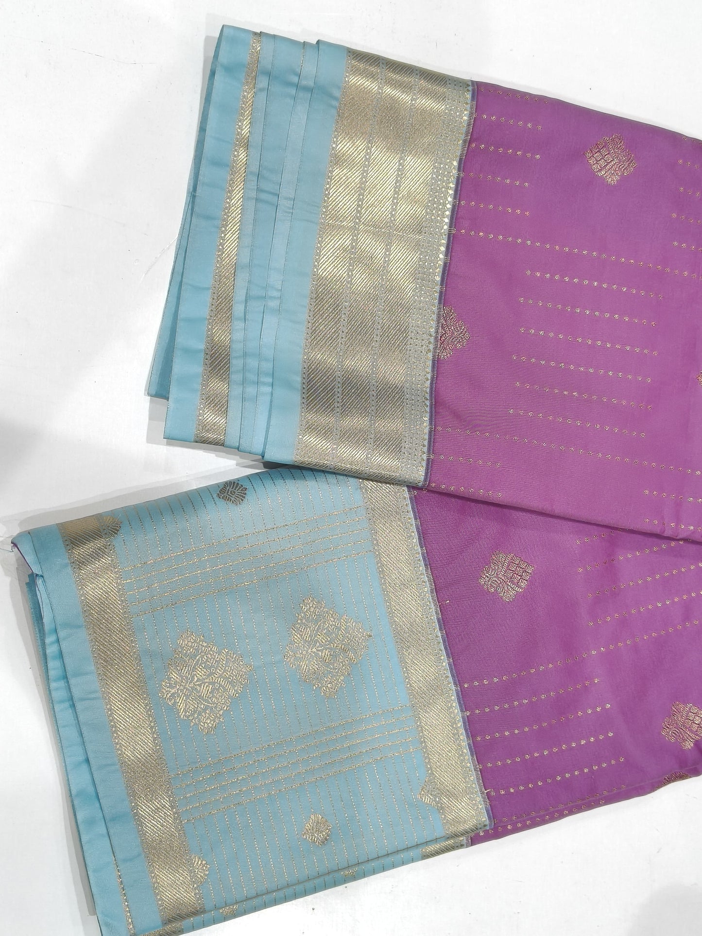 Soft Silk Saree – Purple with Sky Blue Contrast Border & Butta Design