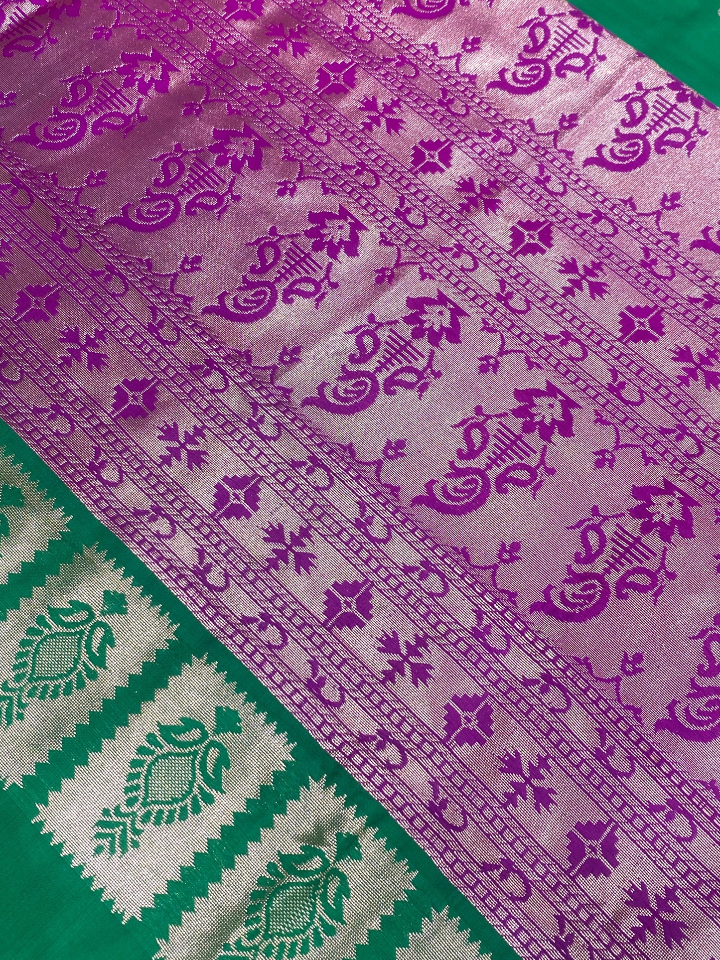 Semi Silk Saree – Green with Violet Contrast Border & Mango Buttas