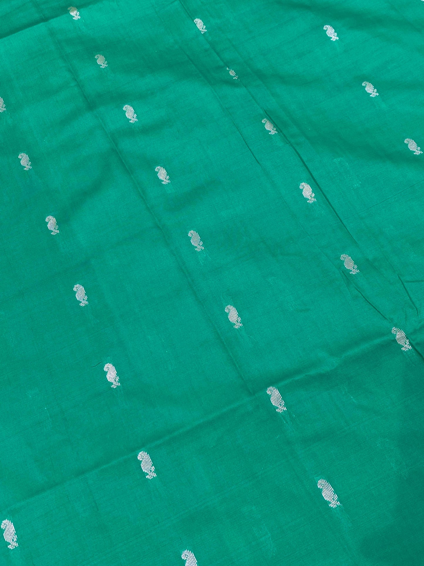 Semi Silk Saree – Green with Violet Contrast Border & Mango Buttas