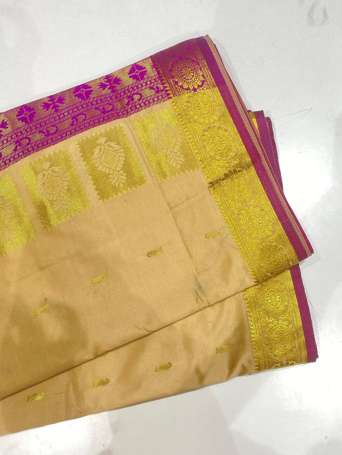 Semi Silk Saree – Light Sandal with Pink Contrast Border & Mango Buttas