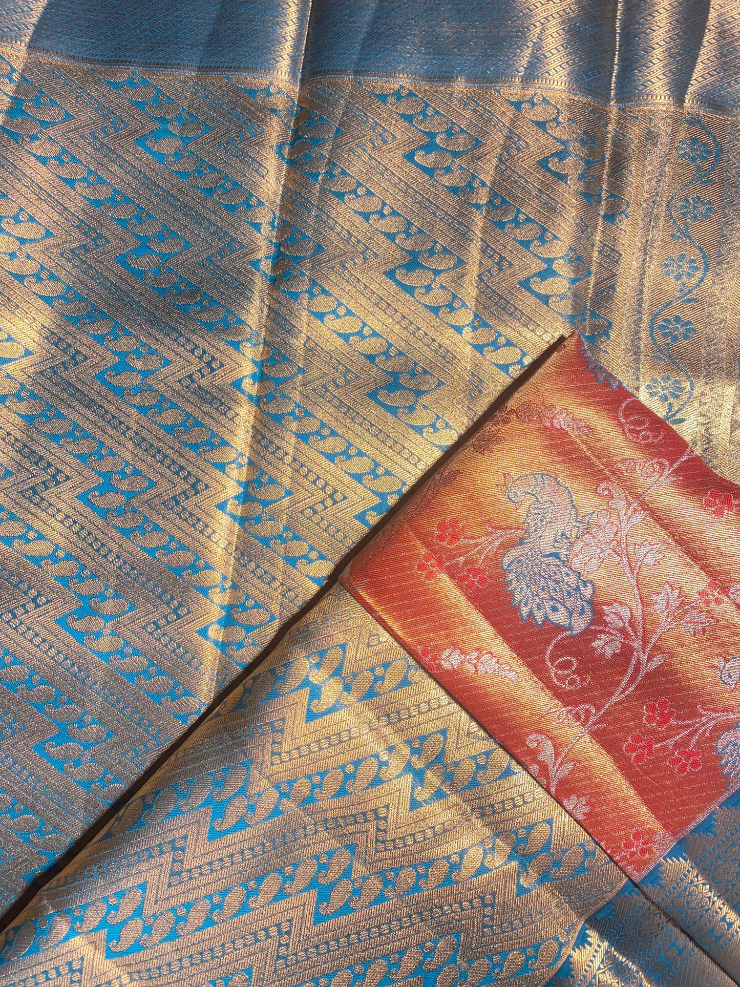 Semi Silk Party Wear Saree – Double Toned Orange with Gold Shade & Green Contrast