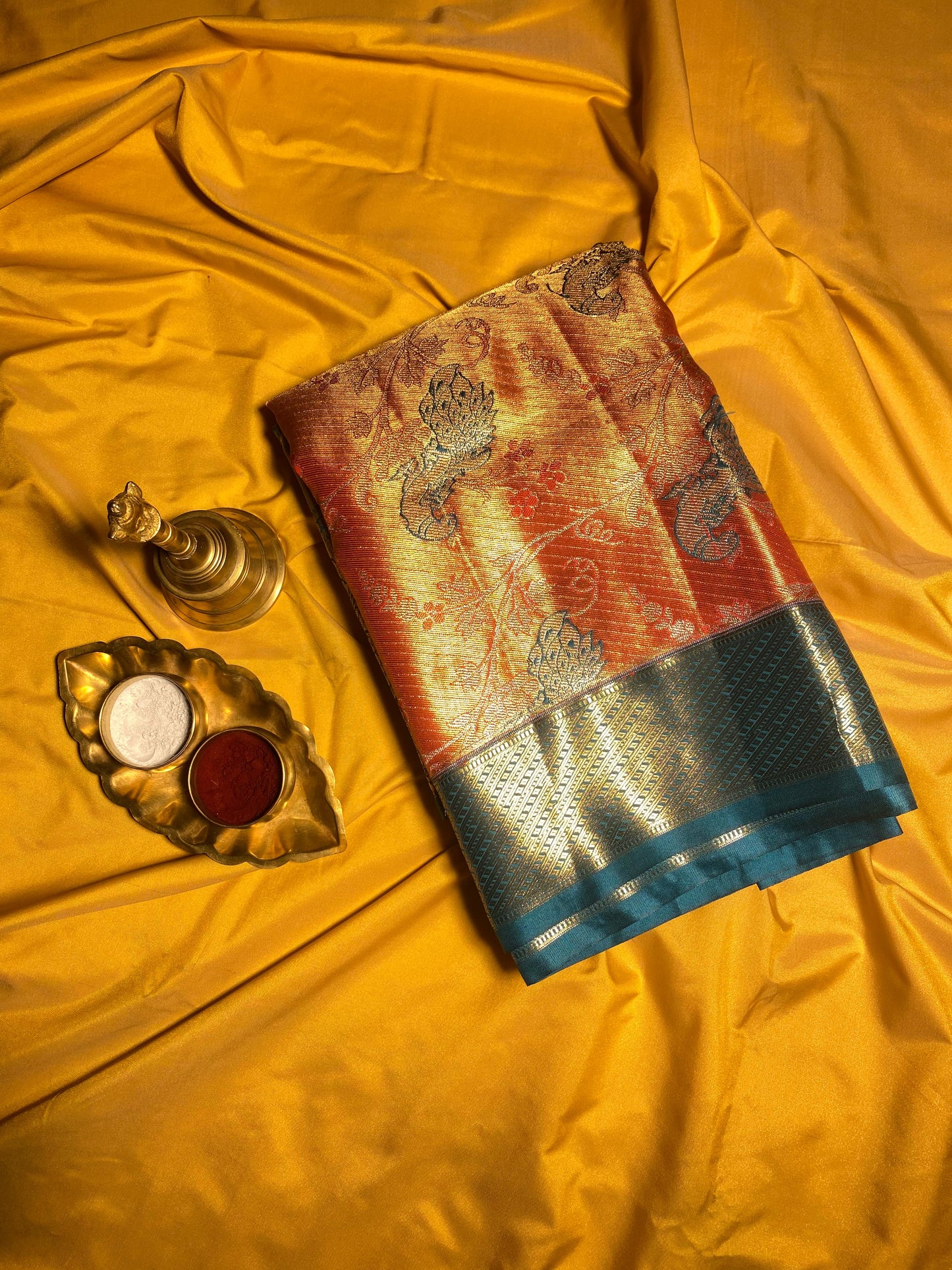 Semi Silk Party Wear Saree – Double Toned Orange with Gold Shade & Green Contrast
