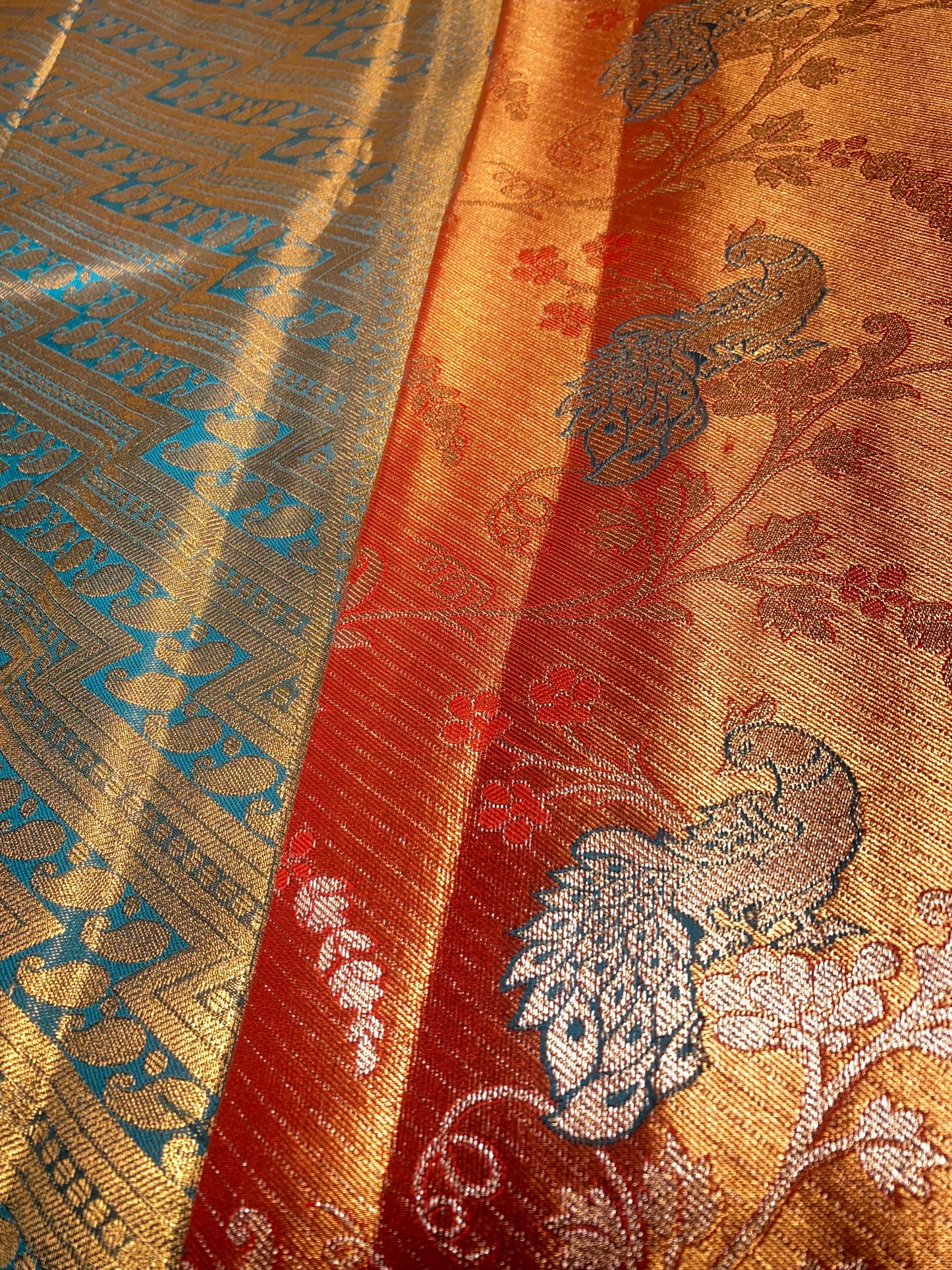 Semi Silk Party Wear Saree – Double Toned Orange with Gold Shade & Green Contrast