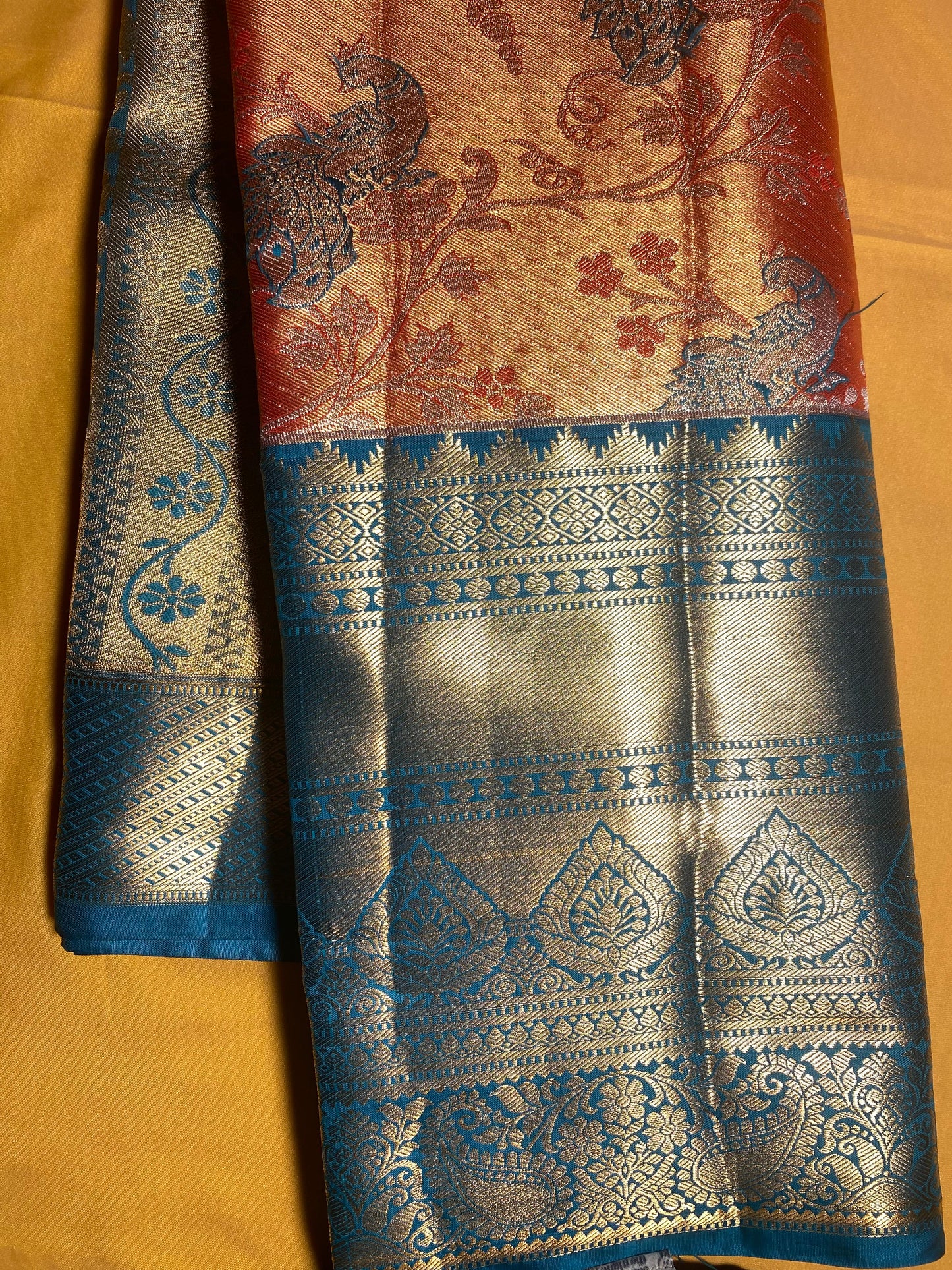 Semi Silk Party Wear Saree – Double Toned Orange with Gold Shade & Green Contrast