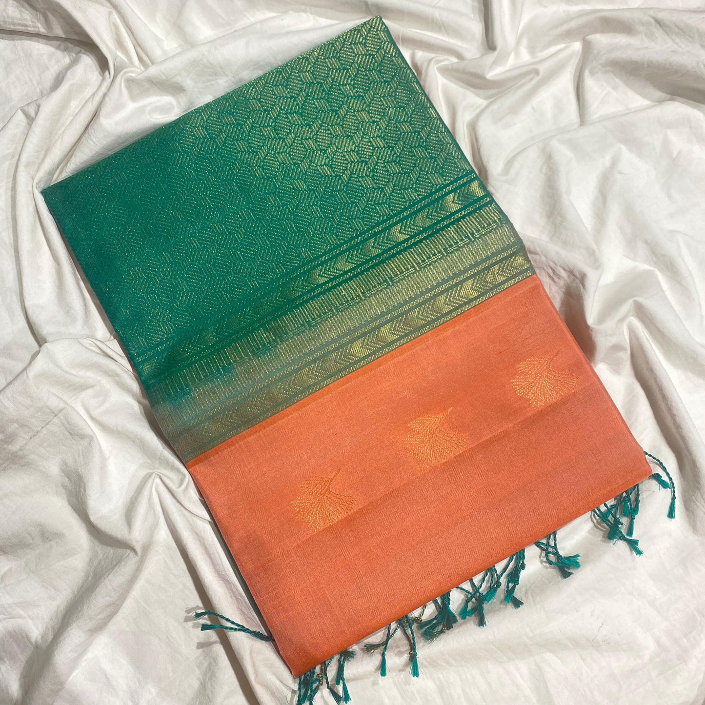 Soft Silk Saree – Peach with Rexona Green Contrast Border