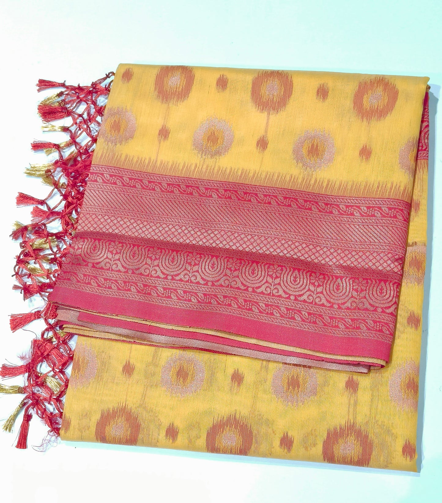 Fancy Saree β Yellow with Red Colour Combination β¨