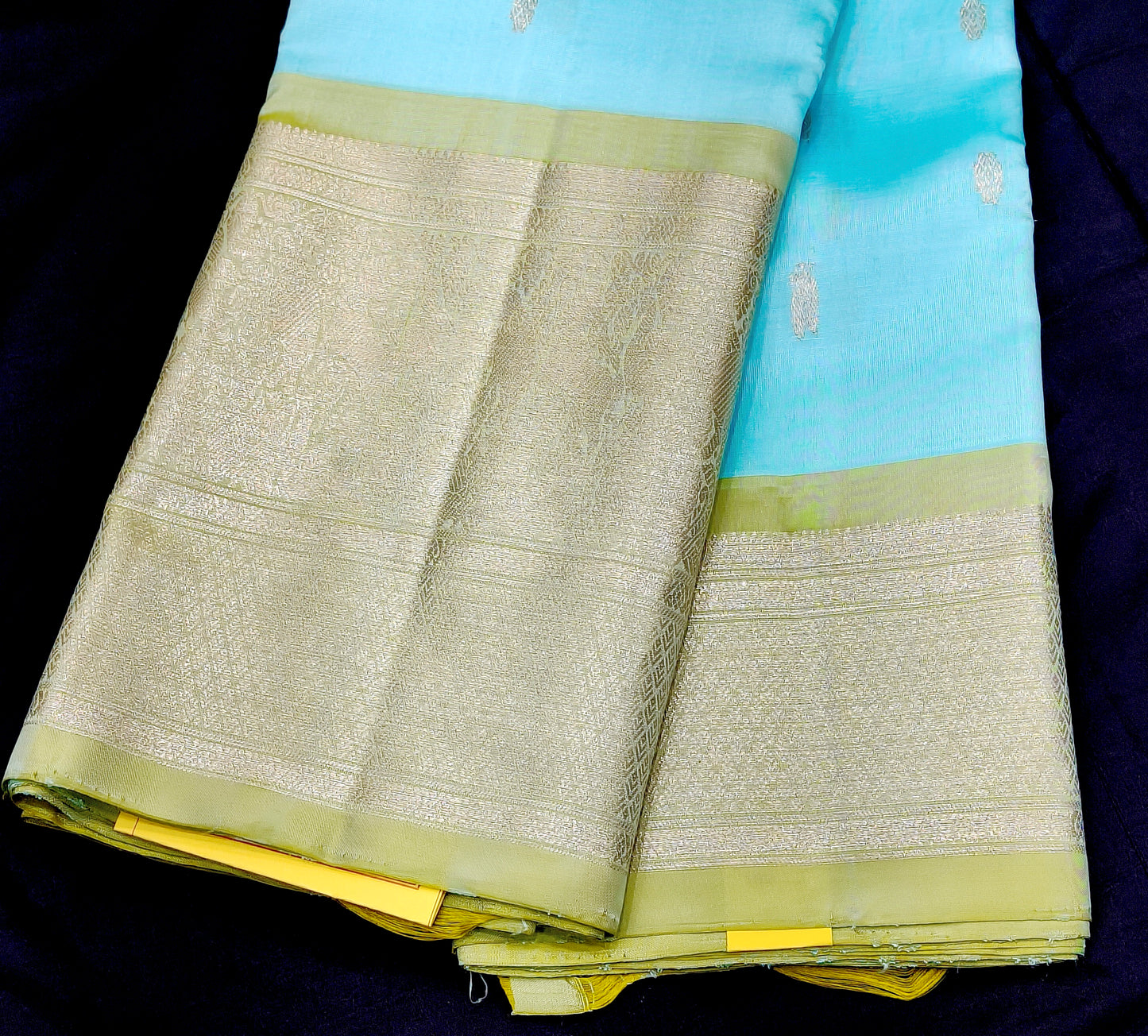 ✨ Light Blue Soft Silk Saree with Golden Beige Border