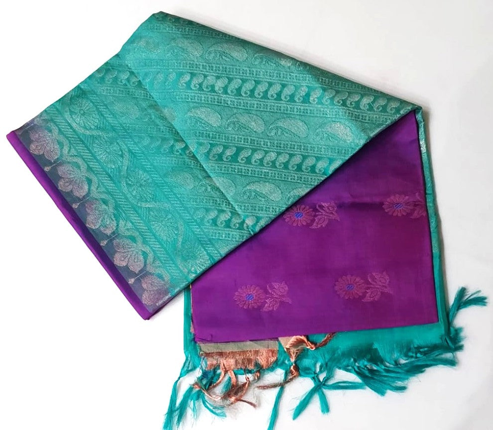 Kanchipuram Soft Silk Purple Color Saree with Sky Blue Color border