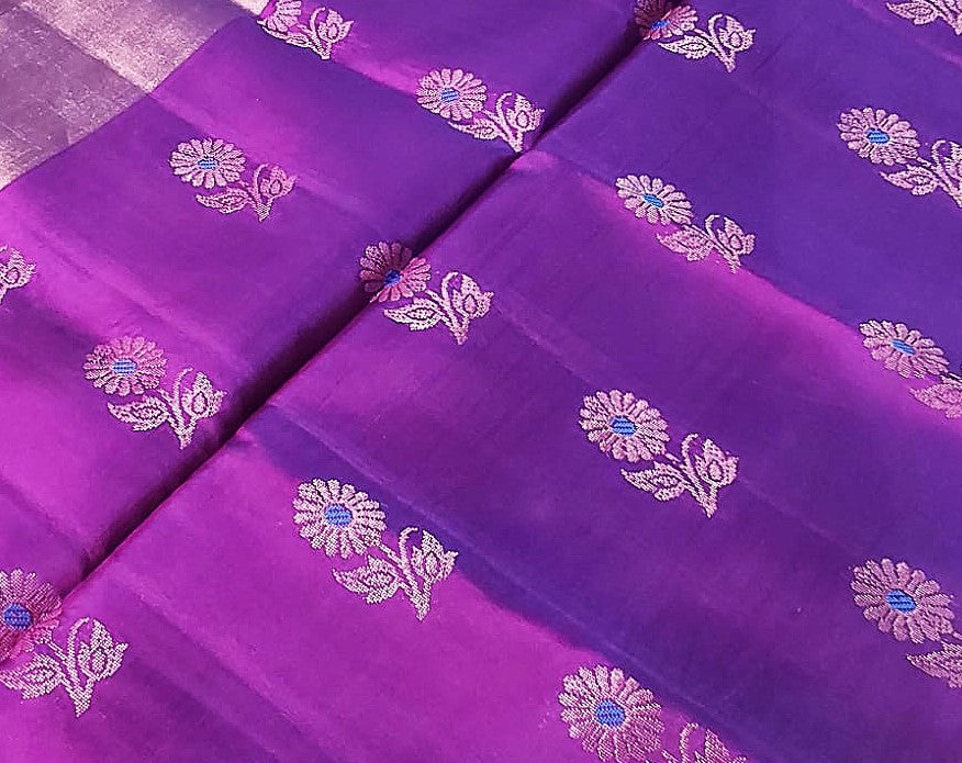 Kanchipuram Soft Silk Purple Color Saree with Sky Blue Color border