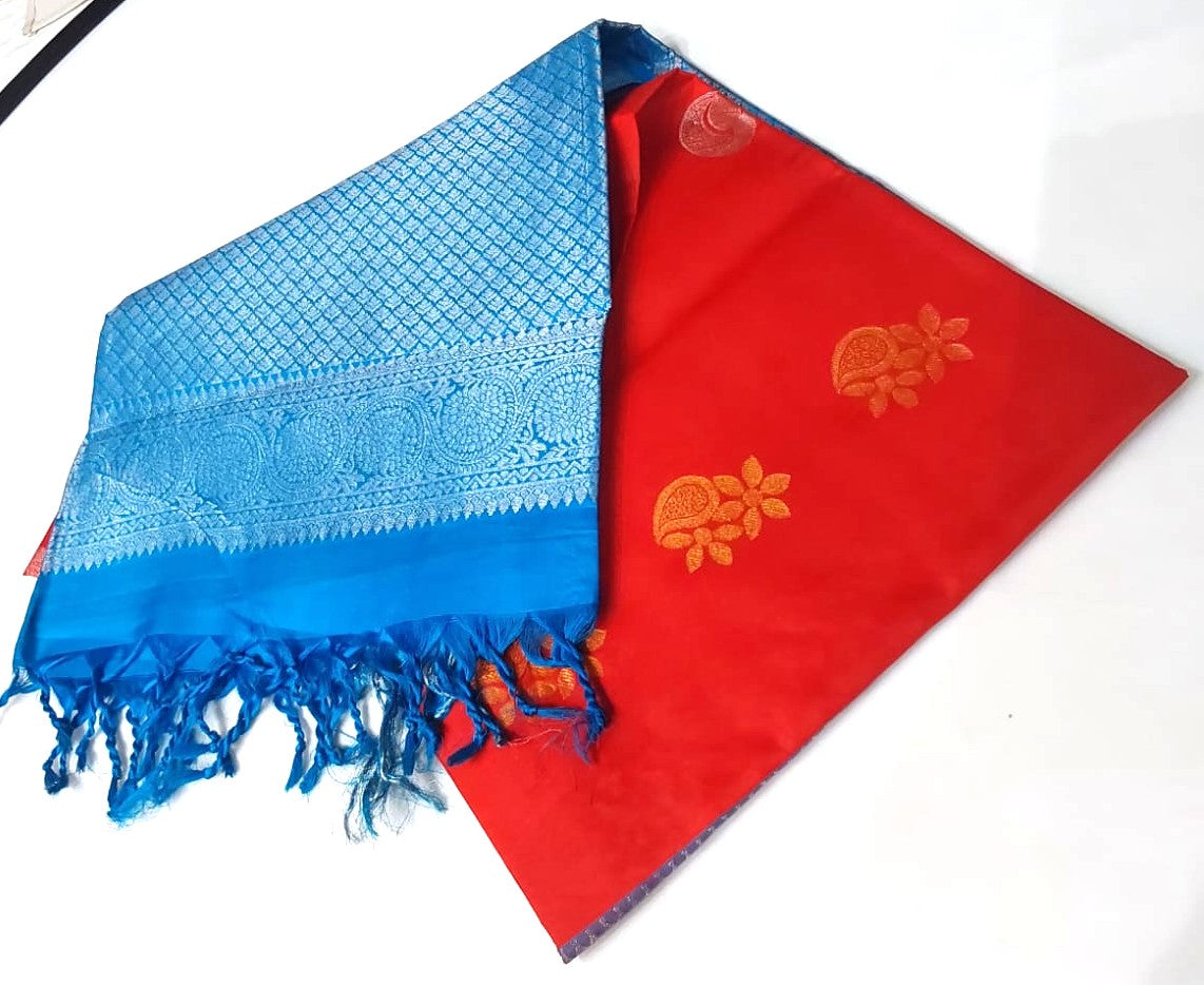 Kanchipuram Soft Silk Red Color Saree With Sky blue border