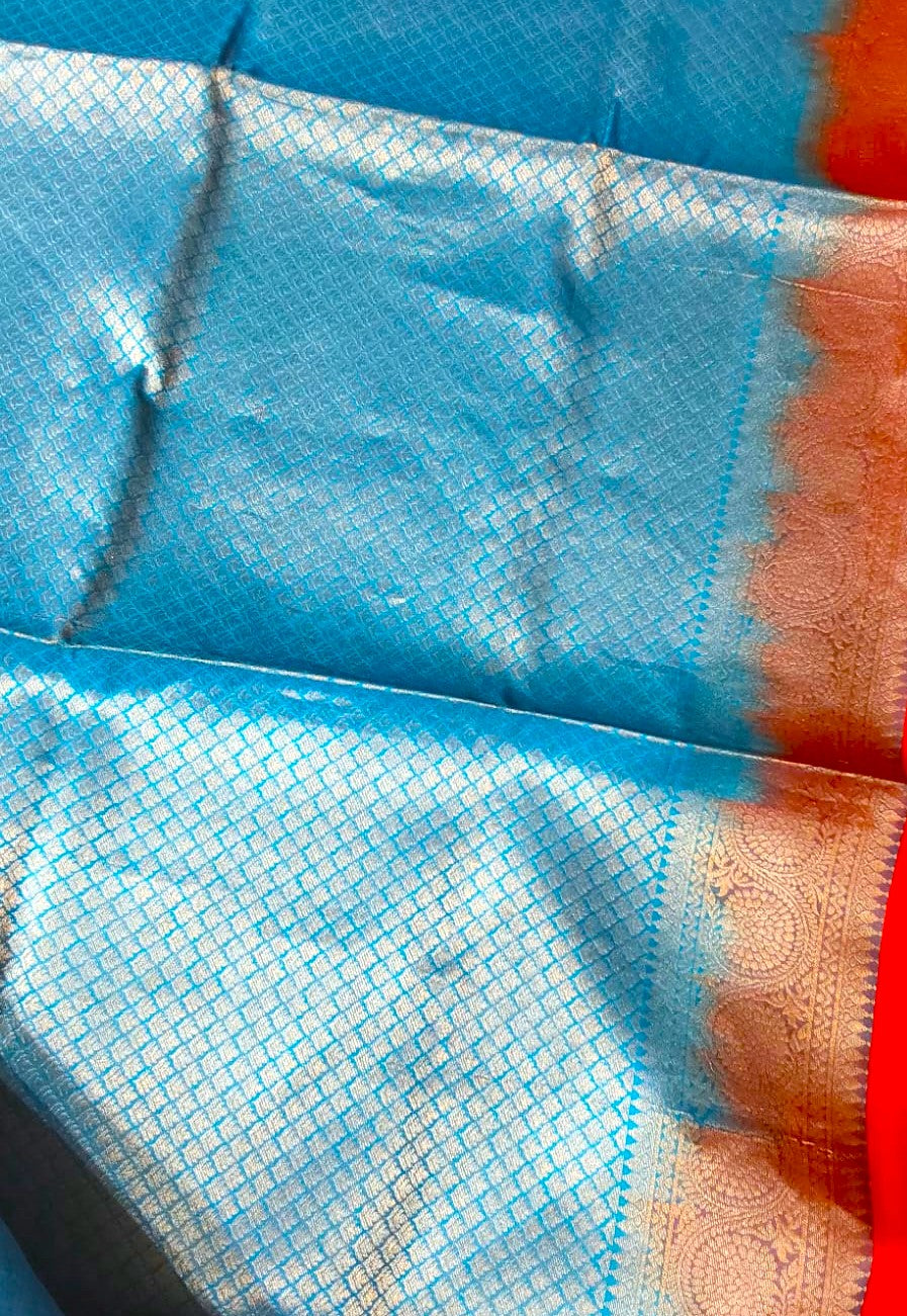 Kanchipuram Soft Silk Red Color Saree With Sky blue border