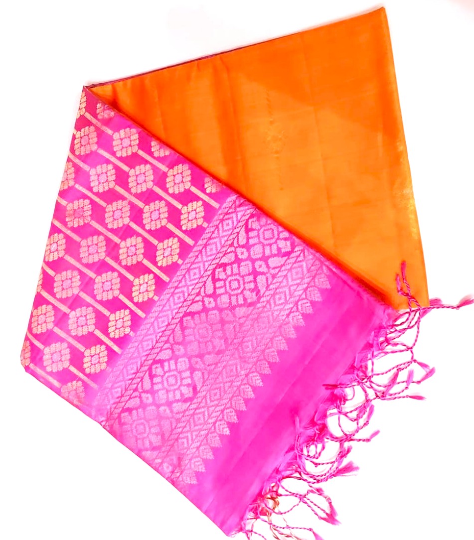 Kanchipuram Soft Silk Royal mango yellow color Saree with Pink color border