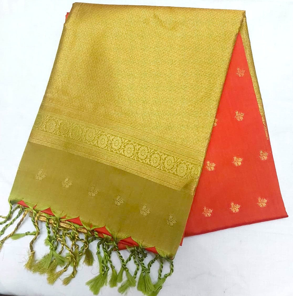 Kanchipuram Soft Silk Dark Peach Color Saree with olive Green color Border