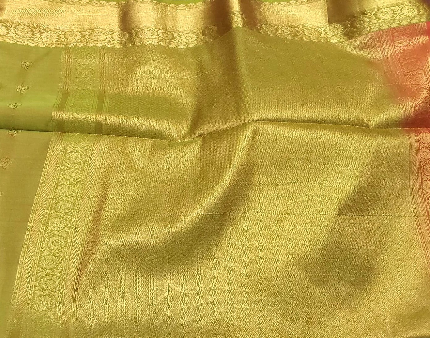 Kanchipuram Soft Silk Dark Peach Color Saree with olive Green color Border