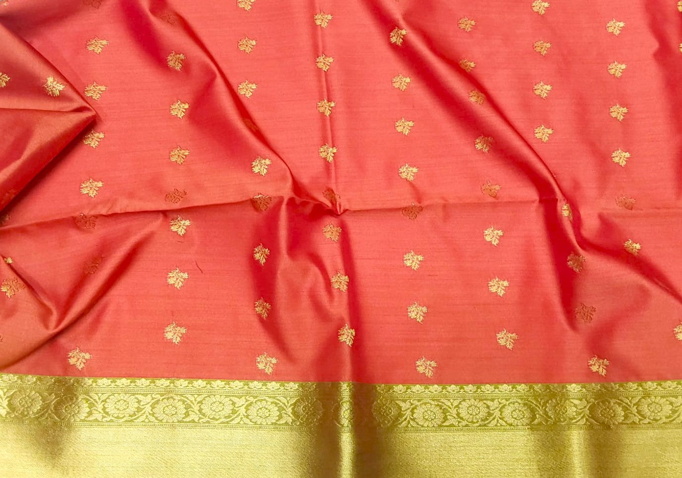 Kanchipuram Soft Silk Dark Peach Color Saree with olive Green color Border