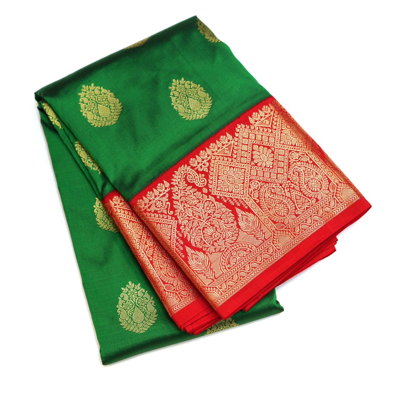 Budget Kanchipuram Silk saree green color with red color border