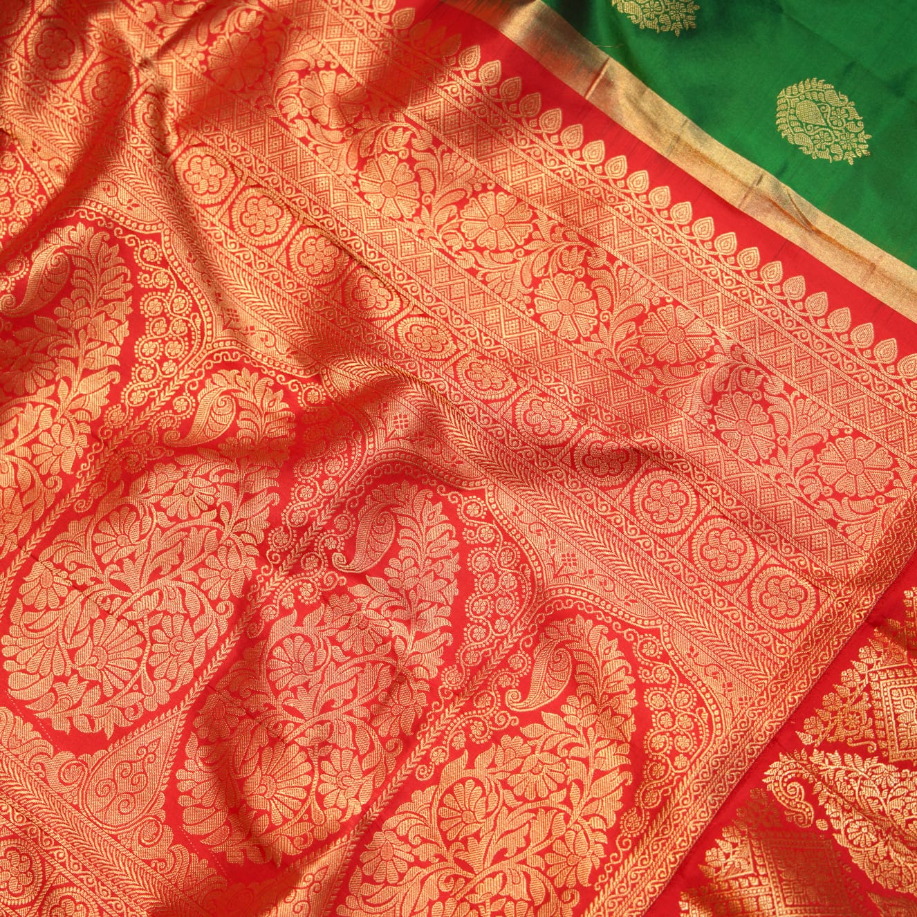 Budget Kanchipuram Silk saree green color with red color border