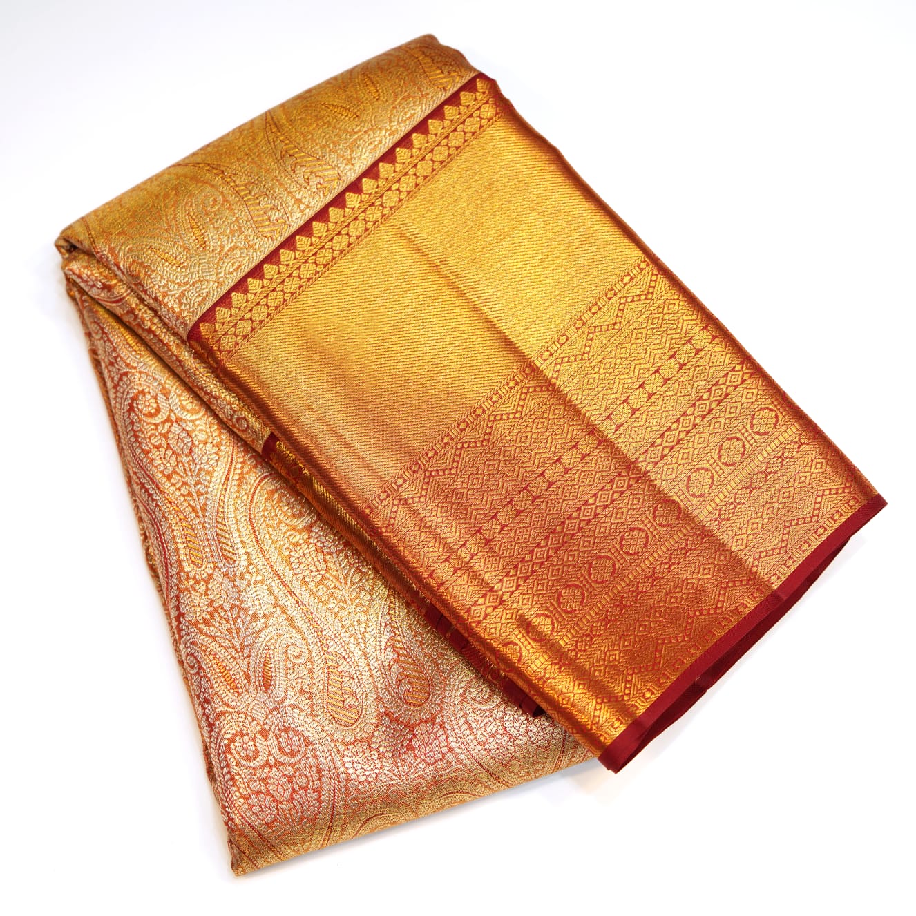 Kanchipuram Wedding Silk saree gold with light pink shade color with red color border
