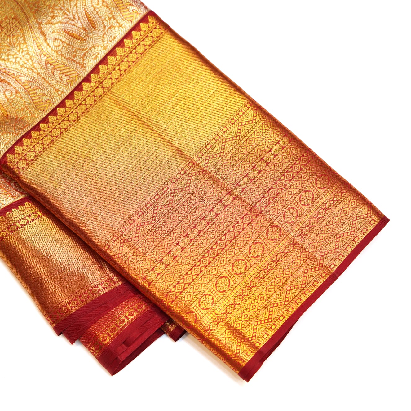 Kanchipuram Wedding Silk saree gold with light pink shade color with red color border