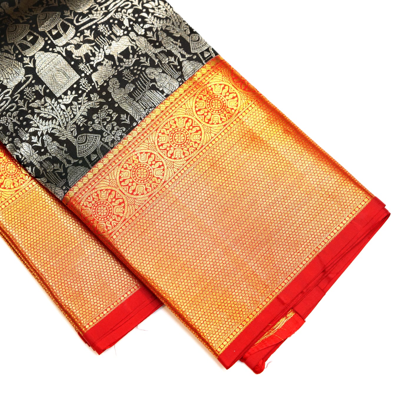 Handcrafted Kanchipuram Silk saree Black color with red color border