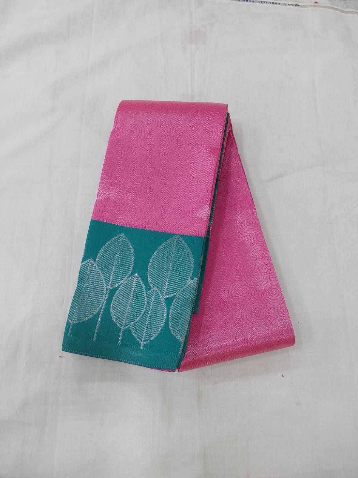 Pink color Semi Silk saree with Rexona green color border silver Zari work