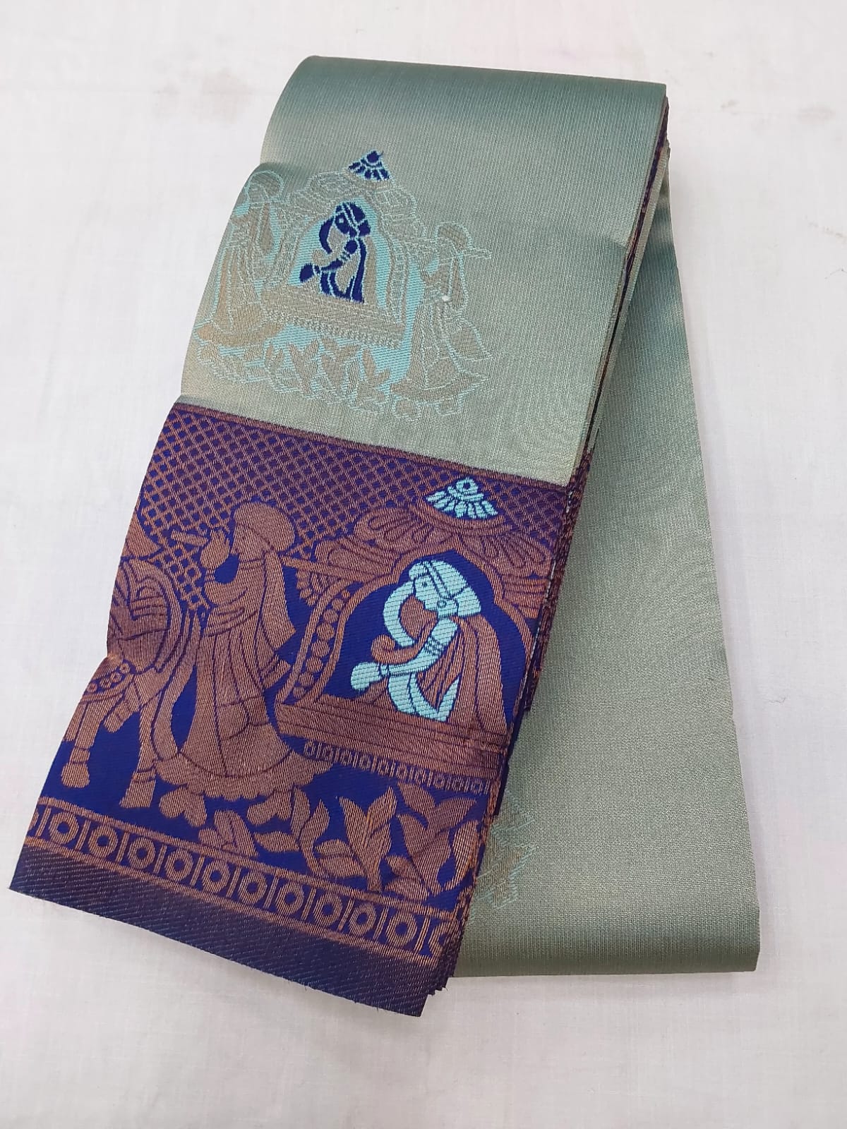 Mixed Rexona green and grey color semi silk saree with Pallak border