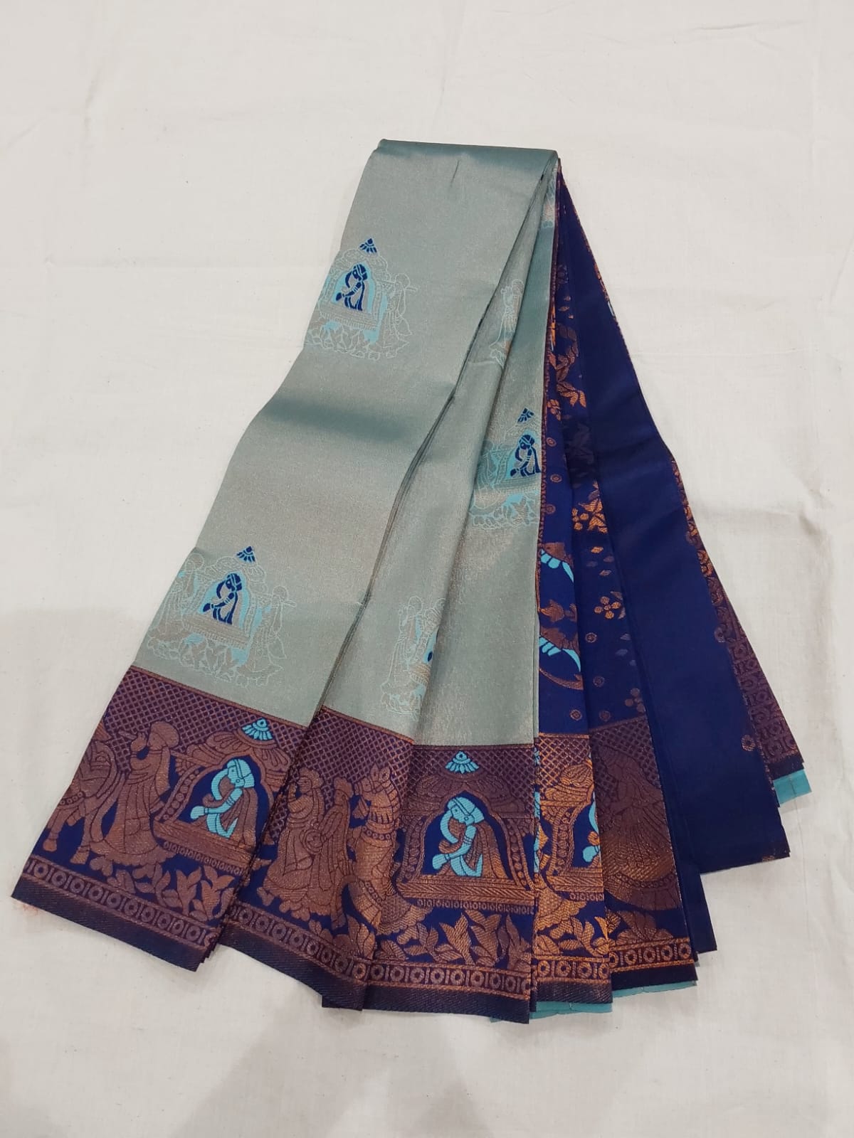 Mixed Rexona green and grey color semi silk saree with Pallak border