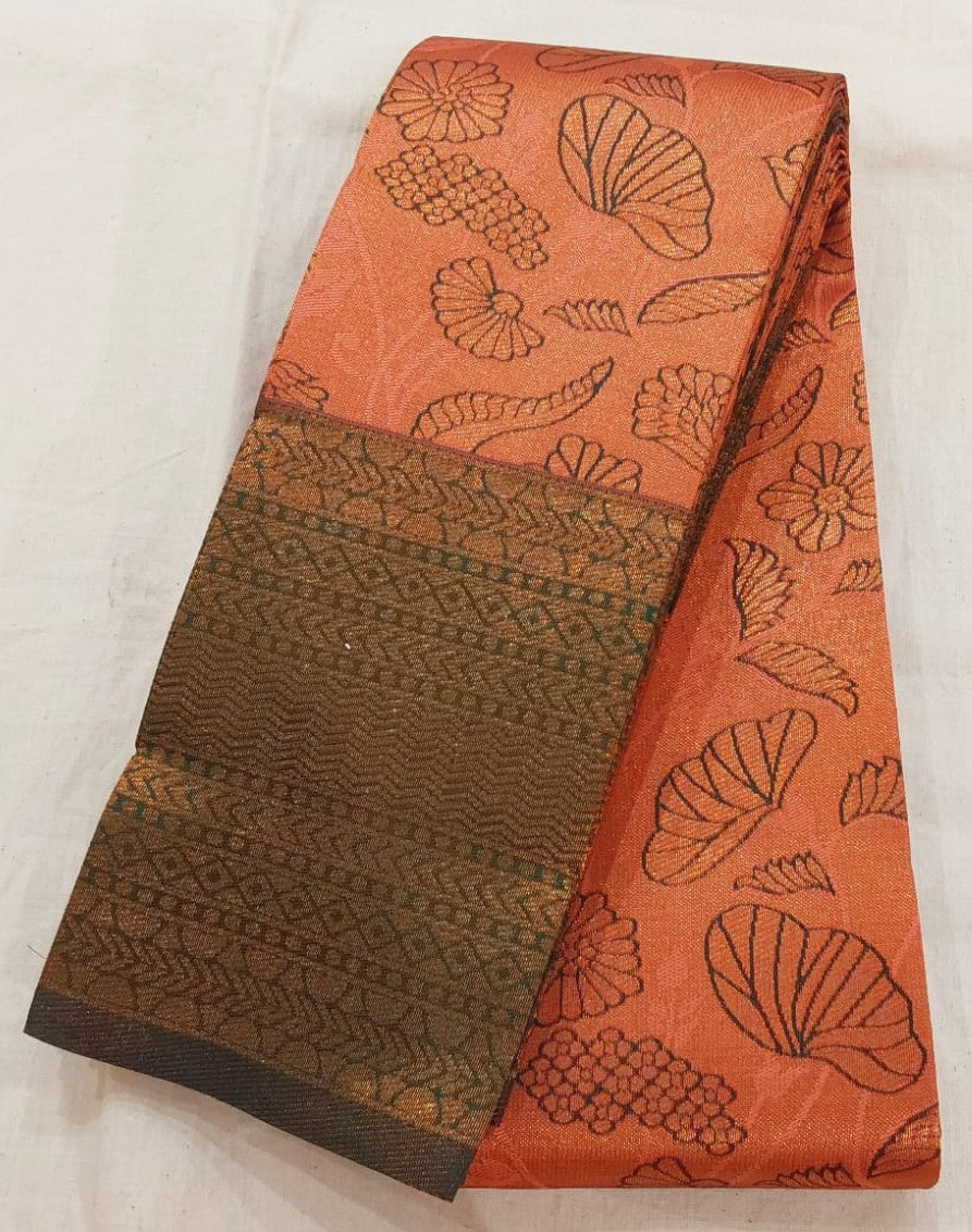 orange mixed brown color silk saree with bottle green border copper Zari border