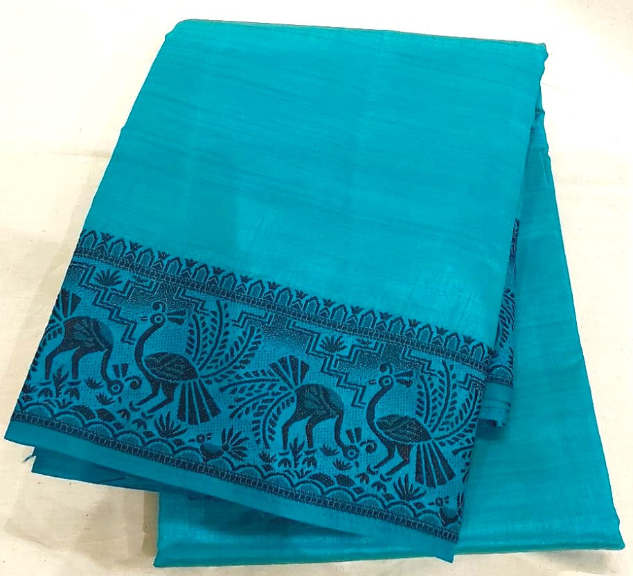 Fancy saree blue with black color thread design peacock border
