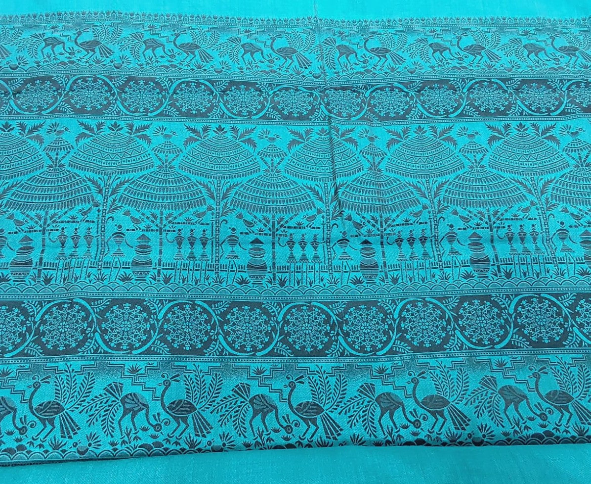 Fancy saree blue with black color thread design peacock border