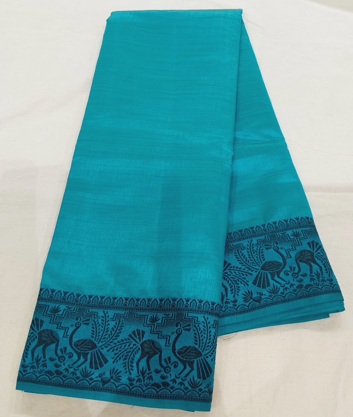 Fancy saree blue with black color thread design peacock border