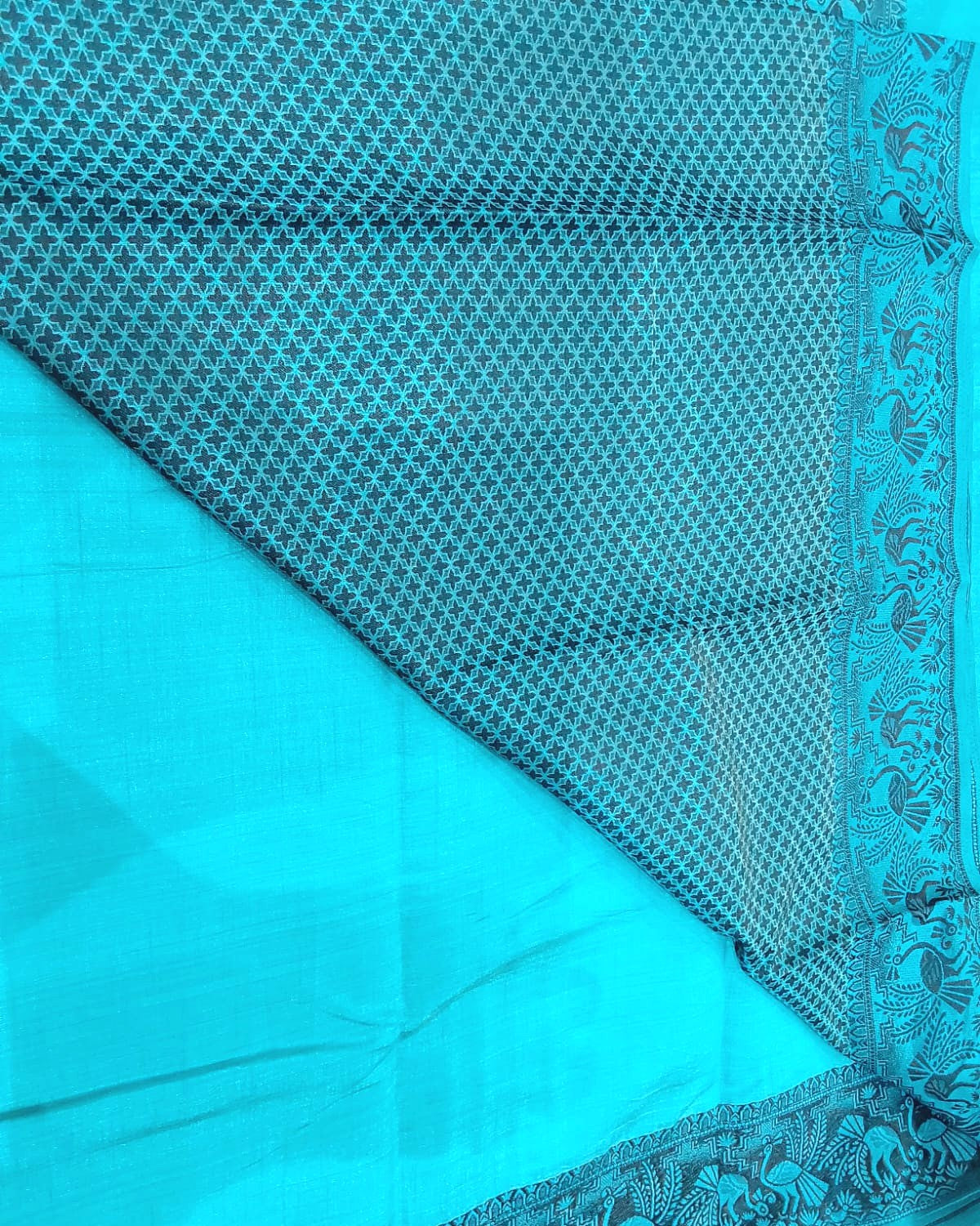 Fancy saree blue with black color thread design peacock border