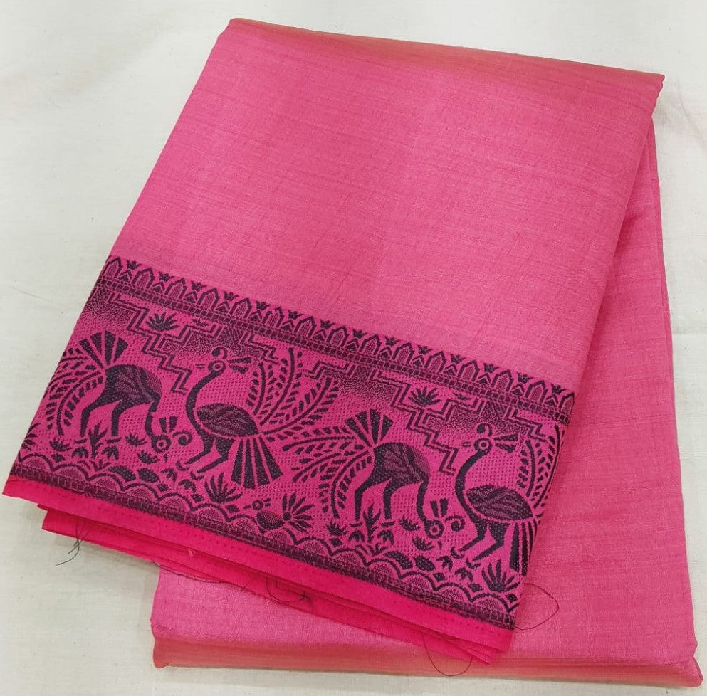 Fancy saree pink color with black color thread design peacock border