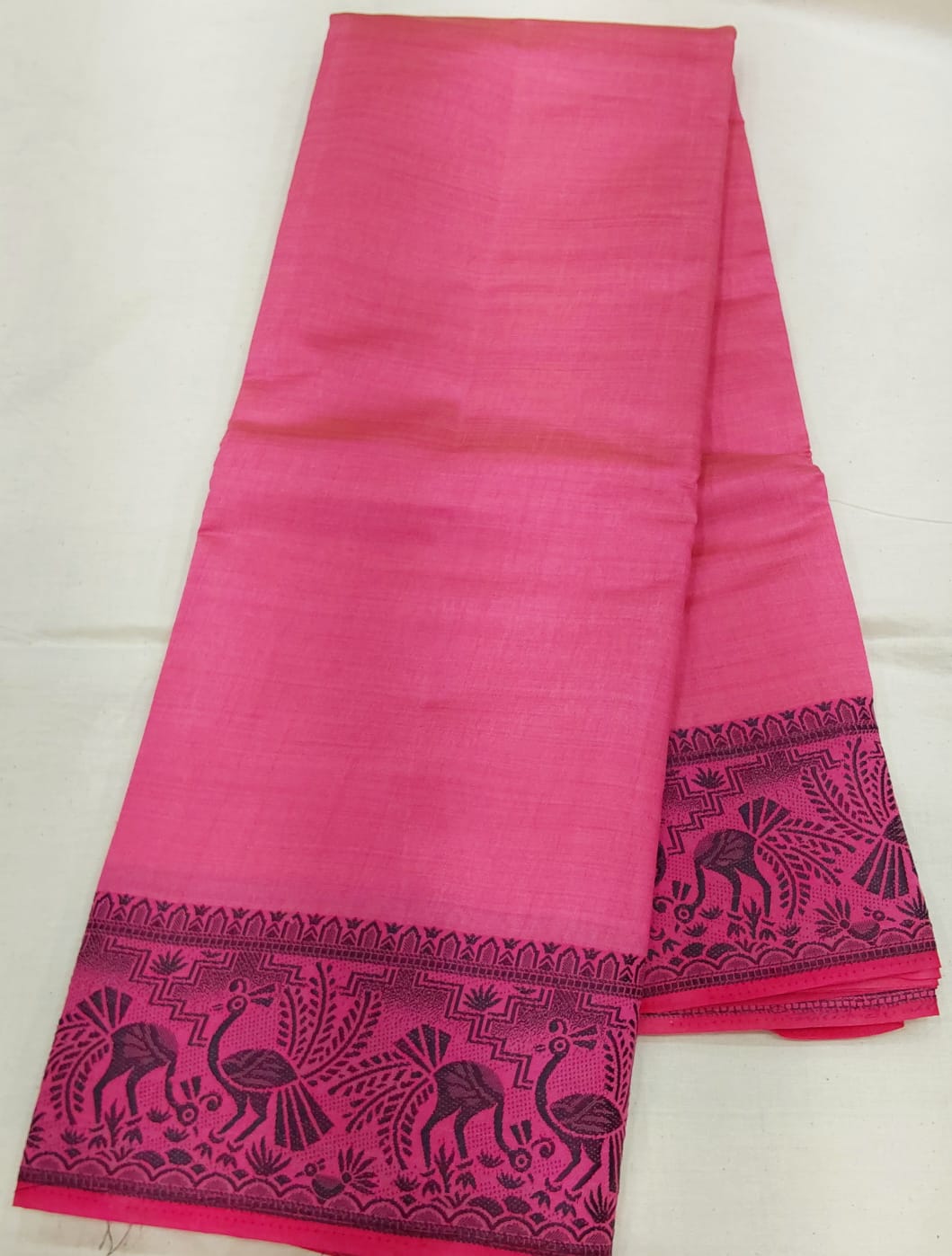 Fancy saree pink color with black color thread design peacock border