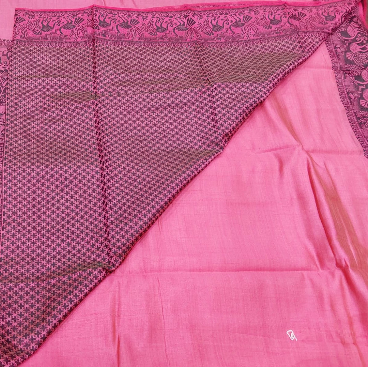 Fancy saree pink color with black color thread design peacock border