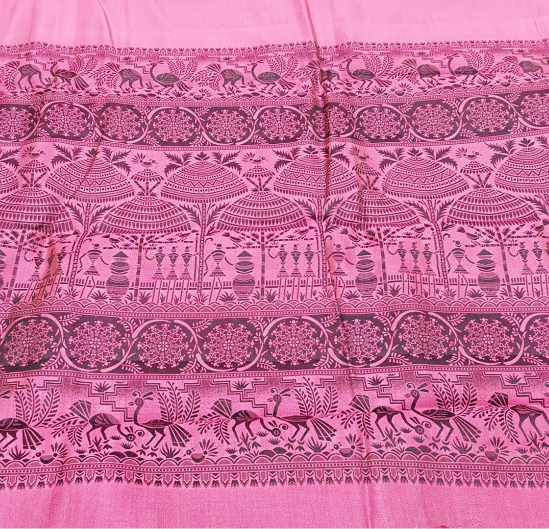 Fancy saree pink color with black color thread design peacock border